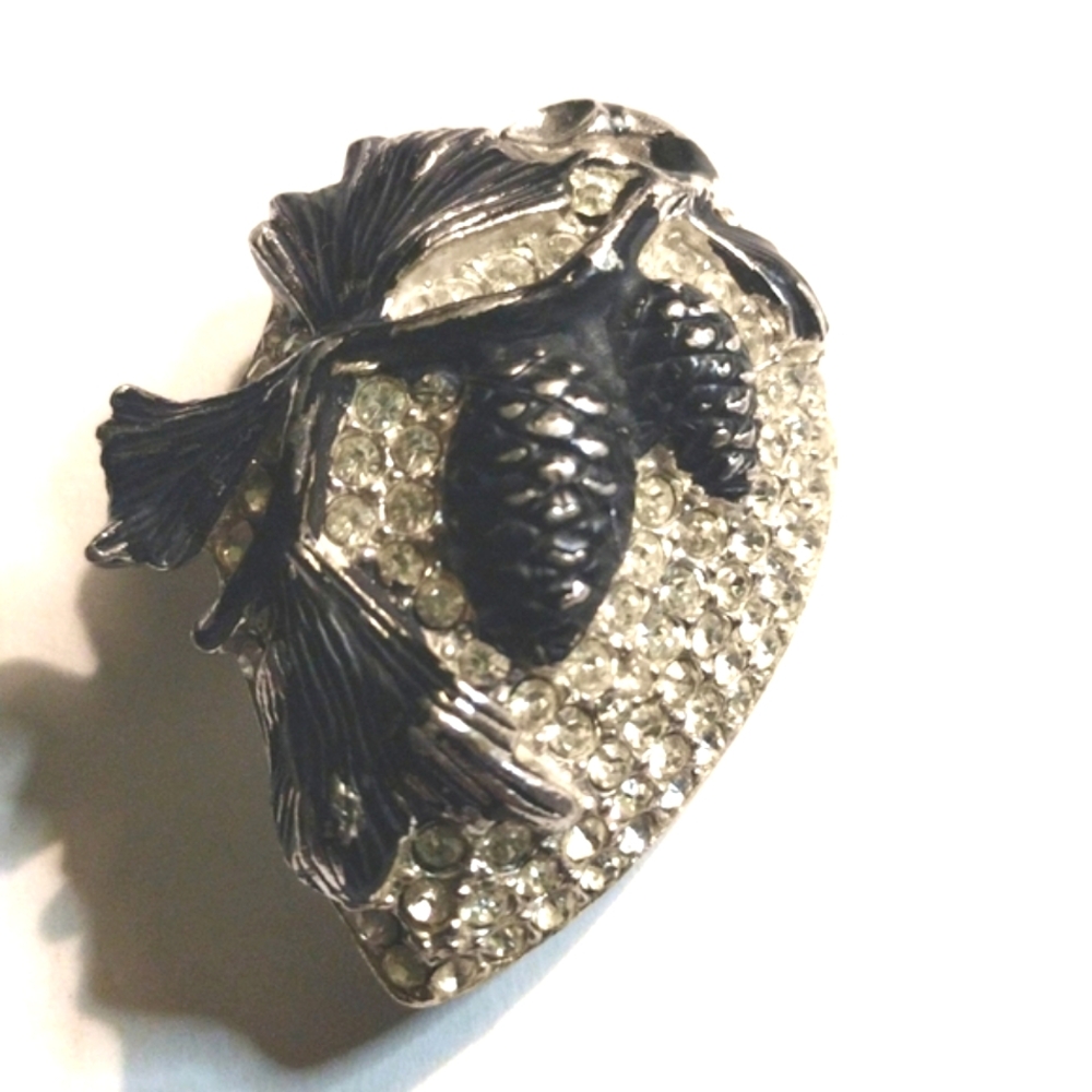 REJA RHINESTONE & BLACK  SILVER ACORN BROOCH  1940-50'S , 2" X 1 1/2" NOT SIGNED